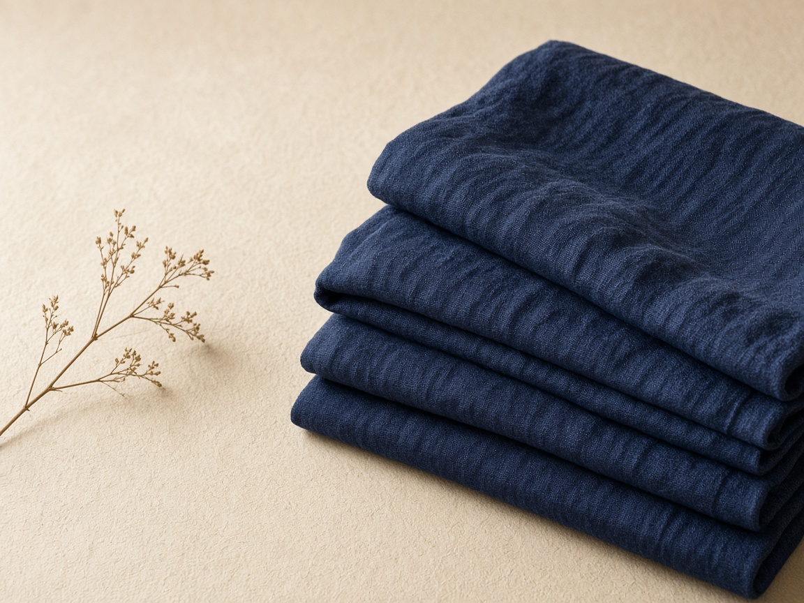 Folded indigo textiles and a dried botanical sprig on warm paper
