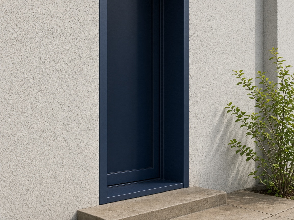 Clinic entrance material detail with indigo recessed frame