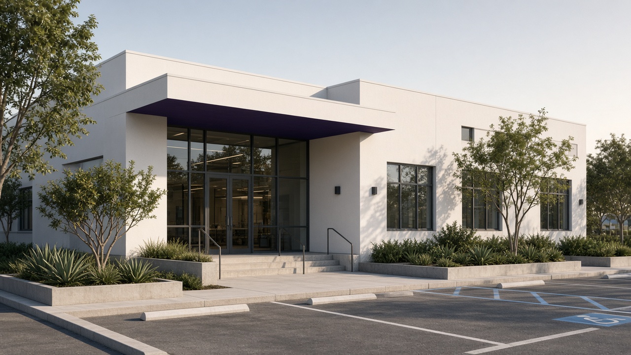 Daylit Irvine clinic exterior with indigo canopy and quiet landscaping