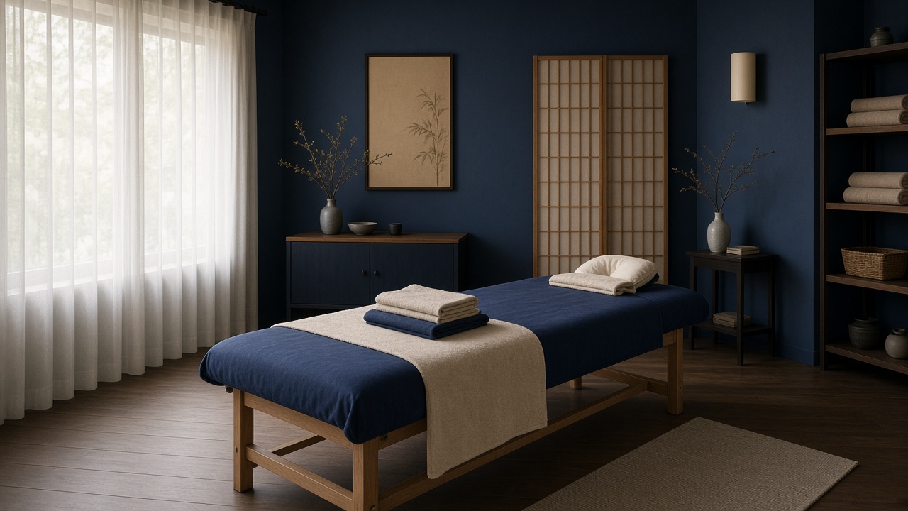 Empty treatment room with navy linens and soft daylight